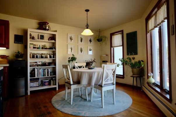 Dining room, Interior, Pendant Lights, Wood Texture Flooring