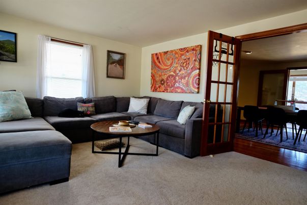 Dining room, Interior, Living room, Recessed Lighting, Wood Texture Flooring