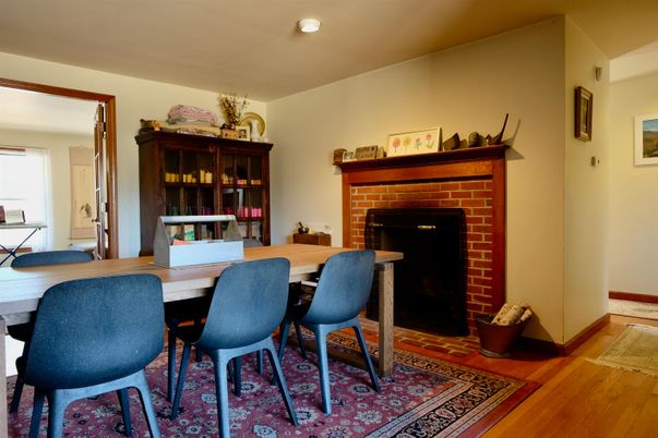 Dining room, Fireplace, Interior, Wood Texture Flooring