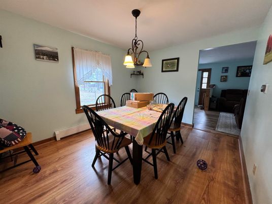 Chandelier, Dining room, Interior, Pendant Lights, Wood Texture Flooring