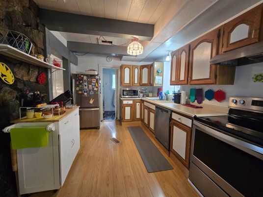 Interior, Kitchen, Stainless Steel Appliances, Wood Texture Flooring