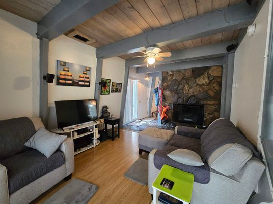 Fireplace, Interior, Living room, Stone Walls, Wooden Ceilings, Wood Texture Flooring