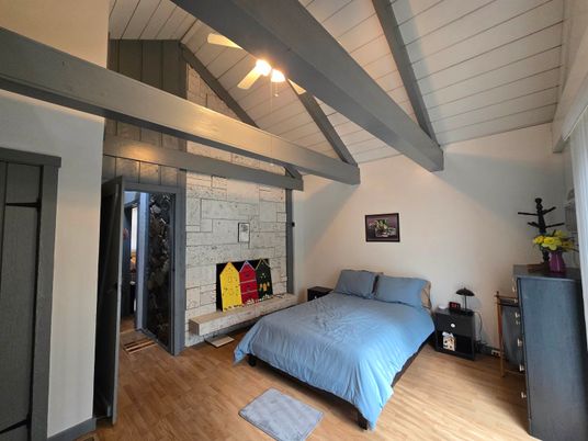 Bedroom, Fireplace, Interior, Stone Walls, Wooden Beams, Wood Texture Flooring