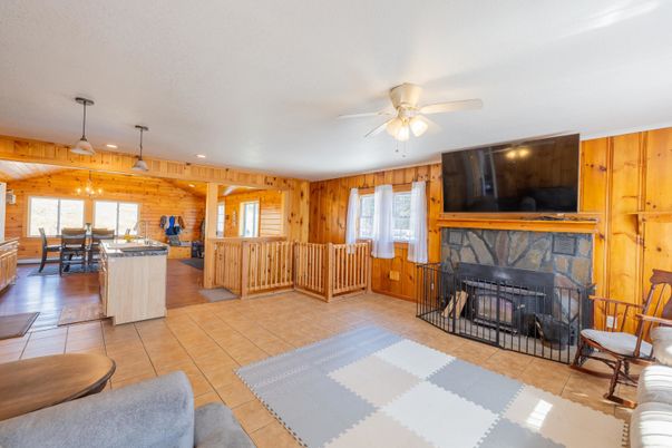 Dining room, Fireplace, Interior, Pendant Lights, Wooden Walls