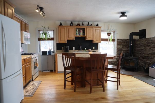 Fireplace, Interior, Kitchen, Stone Walls, Wood Texture Flooring