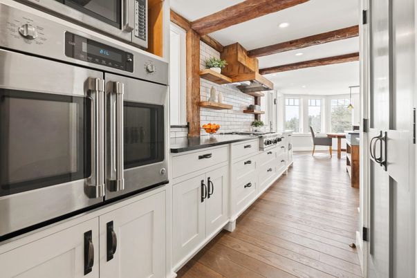 Dining room, Interior, Kitchen, Pendant Lights, Recessed Lighting, Stainless Steel Appliances, Wooden Beams, Wood Texture Flooring