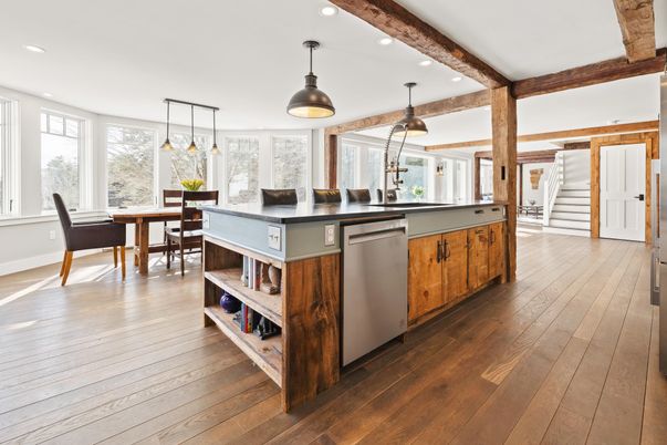 Dining room, Interior, Kitchen, Pendant Lights, Recessed Lighting, Stainless Steel Appliances, Wood Texture Flooring