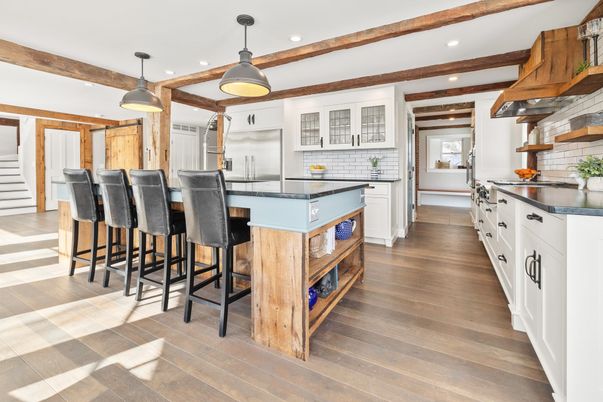 Interior, Kitchen, Pendant Lights, Recessed Lighting, Wooden Beams, Wood Texture Flooring
