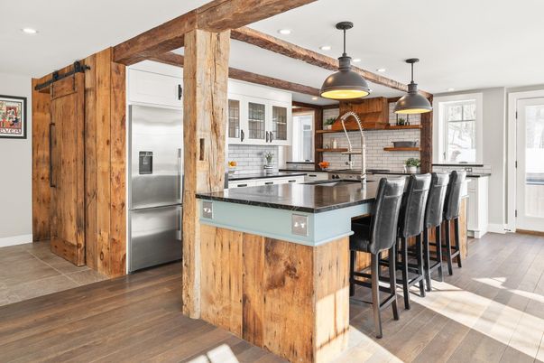 Interior, Kitchen, Pendant Lights, Recessed Lighting, Stainless Steel Appliances, Wooden Beams, Wood Texture Flooring