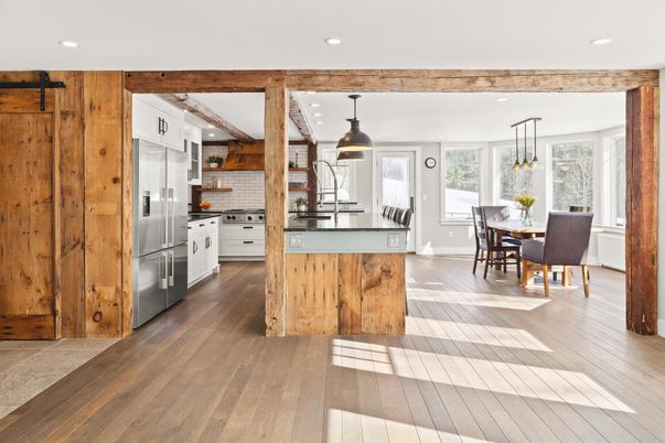 Dining room, Interior, Kitchen, Pendant Lights, Recessed Lighting, Stainless Steel Appliances, Wooden Beams, Wood Texture Flooring