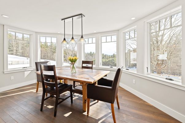 Dining room, Interior, Pendant Lights, Recessed Lighting, Wood Texture Flooring