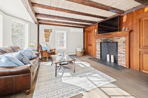 Fireplace, Interior, Living room, Wooden Beams, Wood Texture Flooring, Wooden Walls