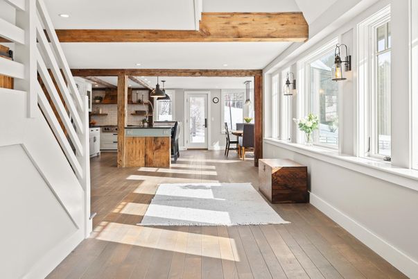 Interior, Kitchen, Pendant Lights, Recessed Lighting, Wooden Beams, Wood Texture Flooring