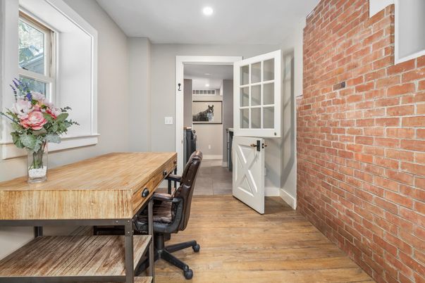 Home Office, Interior, Recessed Lighting, Stone Walls, Wood Texture Flooring