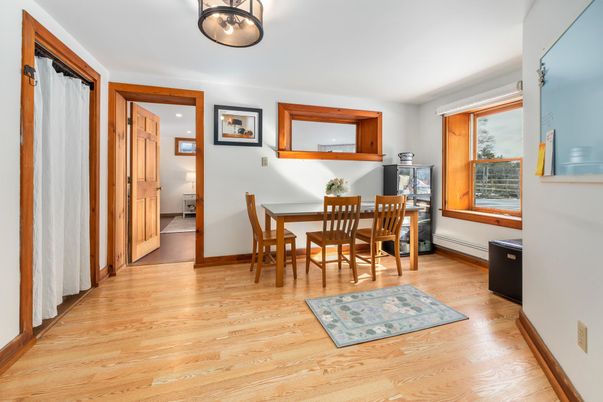 Dining room, Interior, Recessed Lighting, Wood Texture Flooring