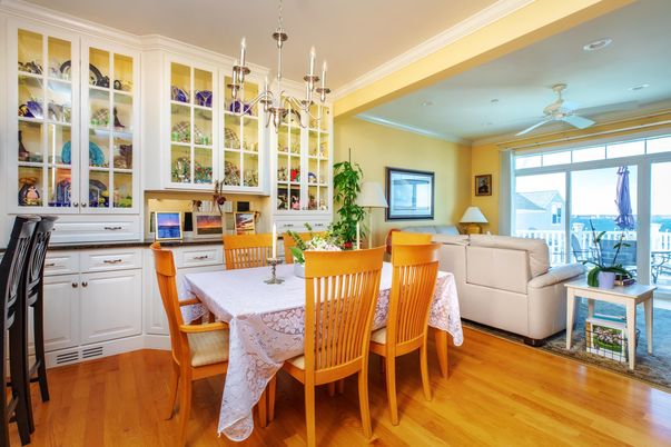 Dining room, Interior, Living room, Recessed Lighting, Wood Texture Flooring
