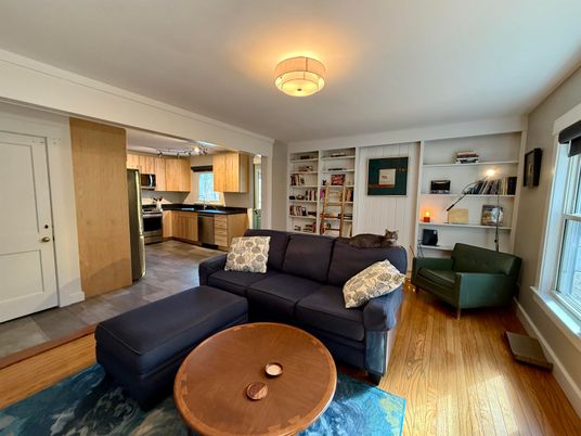 Interior, Kitchen, Living room, Stainless Steel Appliances, Wood Texture Flooring