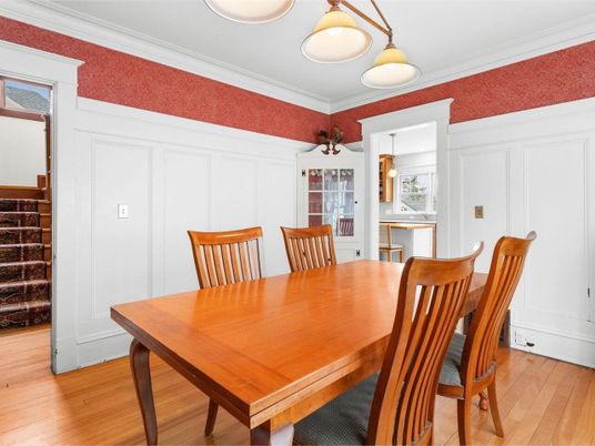 Dining room, Interior, Pendant Lights, Wood Texture Flooring