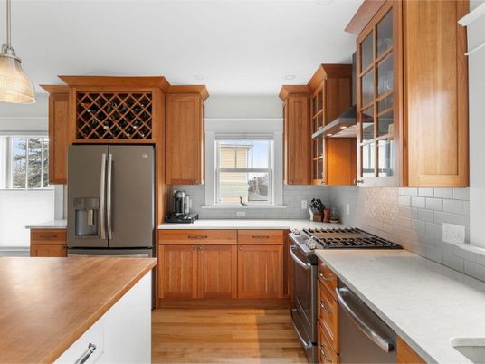 Interior, Kitchen, Pendant Lights, Stainless Steel Appliances, Wood Texture Flooring