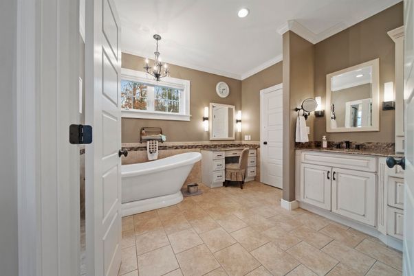 Bathroom, Dual Sink Vanities, Free Standing Baths, Interior, Pendant Lights, Recessed Lighting