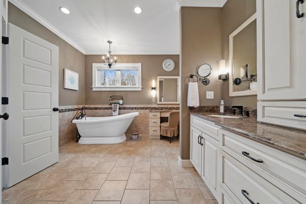 Bathroom, Chandelier, Dual Sink Vanities, Free Standing Baths, Interior, Pendant Lights, Recessed Lighting