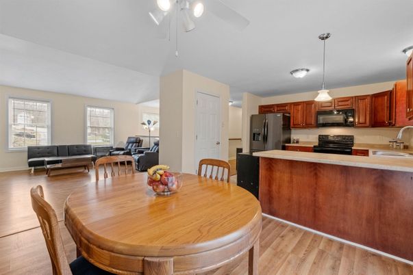 Dining room, Interior, Kitchen, Living room, Pendant Lights, Stainless Steel Appliances, Wood Texture Flooring