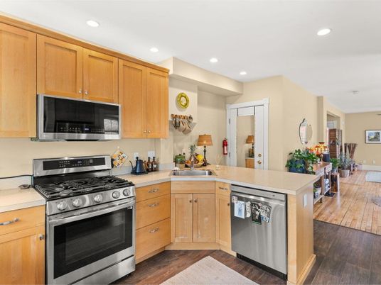 Interior, Kitchen, Recessed Lighting, Stainless Steel Appliances, Wood Texture Flooring