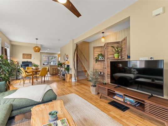 Dining room, Interior, Living room, Pendant Lights, Wood Texture Flooring