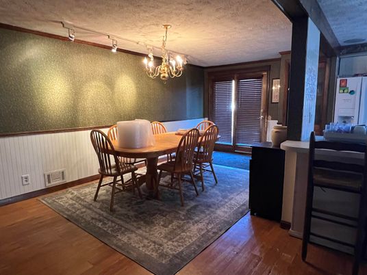 Chandelier, Dining room, Interior, Wood Texture Flooring