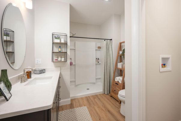 Bathroom, Interior, Recessed Lighting, Wood Texture Flooring