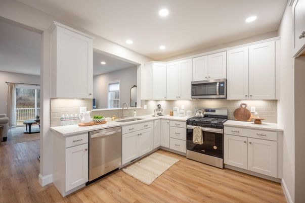 Interior, Kitchen, Recessed Lighting, Stainless Steel Appliances, Wood Texture Flooring