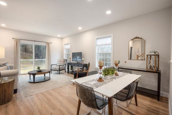 Dining room, Interior, Living room, Recessed Lighting, Wood Texture Flooring
