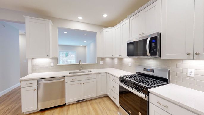 Interior, Kitchen, Recessed Lighting, Stainless Steel Appliances, Wood Texture Flooring