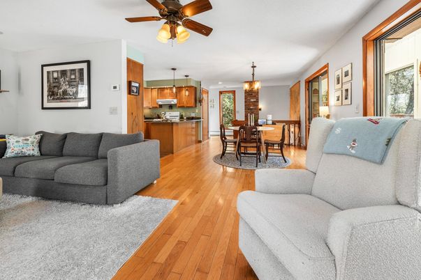 Dining room, Interior, Kitchen, Living room, Pendant Lights, Stainless Steel Appliances, Wood Texture Flooring