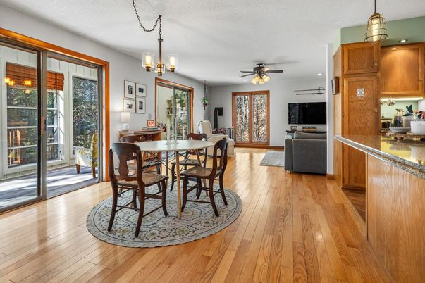 Chandelier, Dining room, Interior, Pendant Lights, Recessed Lighting, Wood Texture Flooring