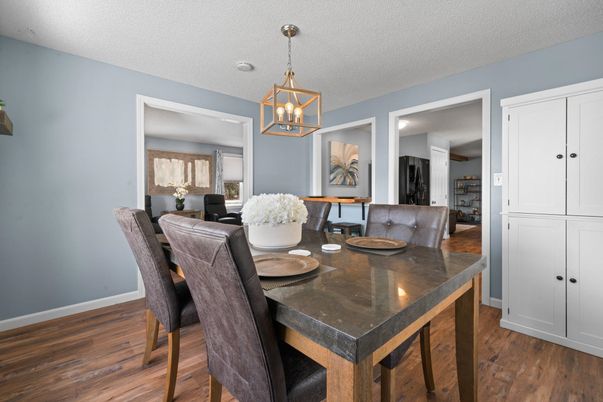 Dining room, Interior, Pendant Lights, Wood Texture Flooring