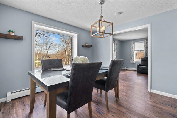 Dining room, Interior, Pendant Lights, Wood Texture Flooring