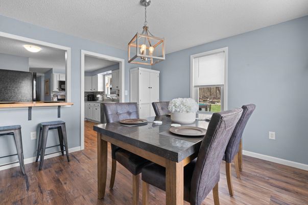 Dining room, Interior, Kitchen, Pendant Lights, Wood Texture Flooring