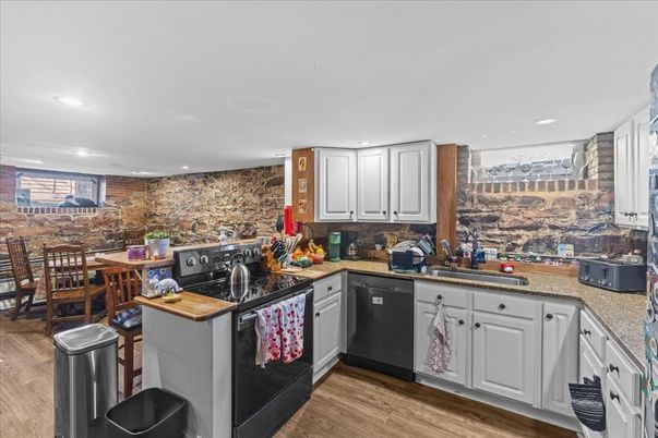 Dining room, Interior, Kitchen, Recessed Lighting, Stone Walls, Wood Texture Flooring