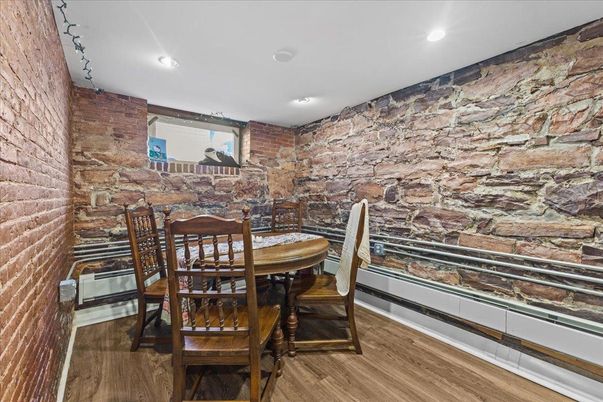 Dining room, Interior, Recessed Lighting, Stone Walls, Wood Texture Flooring