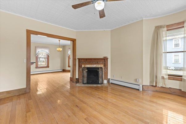 Empty room, Fireplace, Interior, Pendant Lights, Wood Texture Flooring