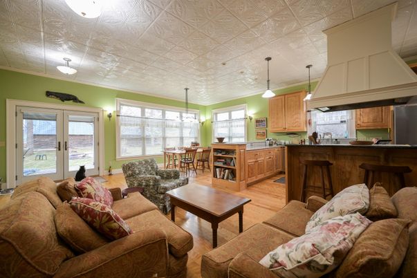 Dining room, Interior, Kitchen, Living room, Pendant Lights, Wood Texture Flooring