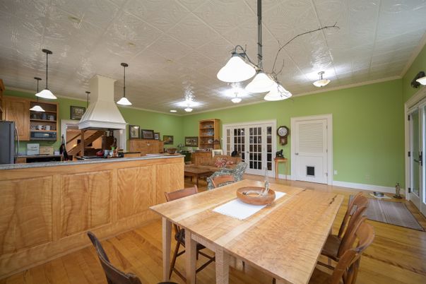 Dining room, Interior, Kitchen, Pendant Lights, Wood Texture Flooring