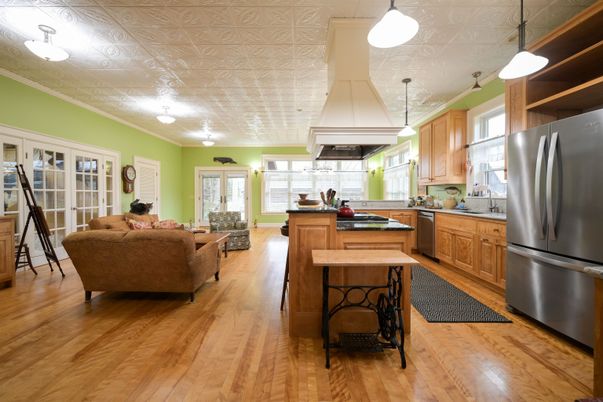 Interior, Kitchen, Living room, Pendant Lights, Wood Texture Flooring