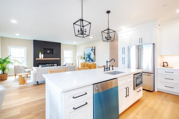 Fireplace, Interior, Kitchen, Living room, Pendant Lights, Recessed Lighting, Stainless Steel Appliances, Wood Texture Flooring