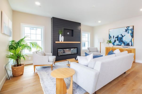 Fireplace, Interior, Living room, Recessed Lighting, Wood Texture Flooring