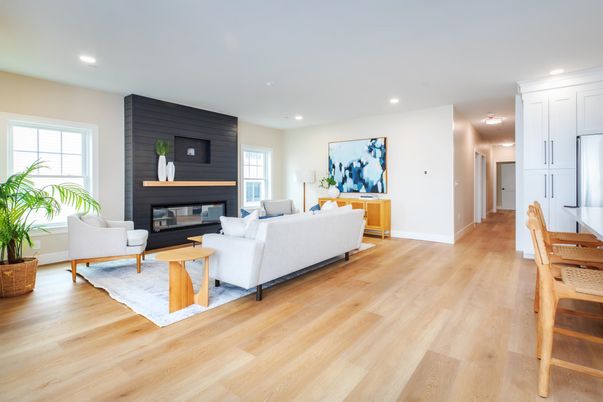Fireplace, Interior, Living room, Recessed Lighting, Wood Texture Flooring