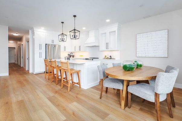 Dining room, Interior, Kitchen, Pendant Lights, Recessed Lighting, Stainless Steel Appliances, Wood Texture Flooring