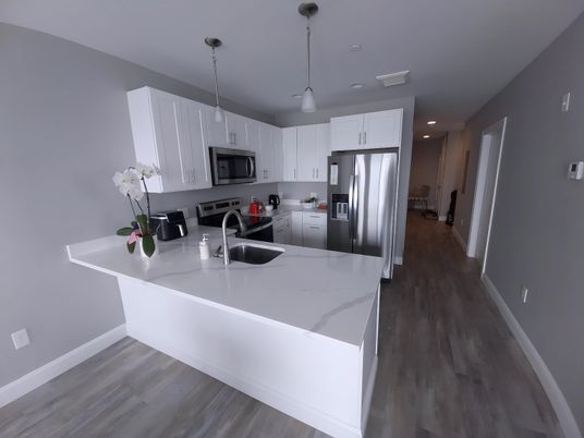 Interior, Kitchen, Pendant Lights, Recessed Lighting, Stainless Steel Appliances, Wood Texture Flooring