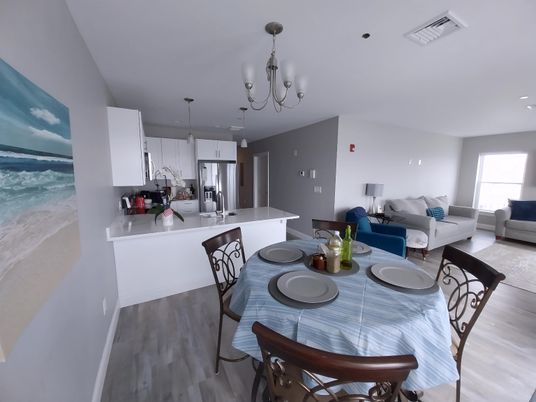 Chandelier, Dining room, Interior, Kitchen, Living room, Recessed Lighting, Stainless Steel Appliances, Wood Texture Flooring
